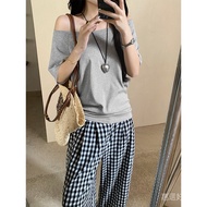 [Invoices Available🔥Already Sold 6.6w] One-Shoulder Gray 220g Heavy Pure Cotton Short-Sleeved T-shir