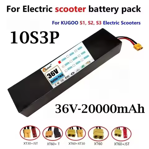 10S3P 36V 20000mAh 18650 rechargeable lithium-ion battery 500W built-in BMS Suitable for KUGOO S1, S