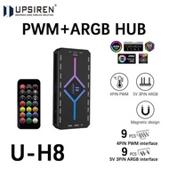UPSIREN U-H8 5V 3-pin ARGB & 4-pin PWM hub for computer case fans, with synchronized lighting, botto