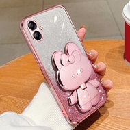 Phone Back Case For Samsung Galaxy A04e Gradient Glitter Makeup Mirror Rabbit Folding Stand Soft Sil