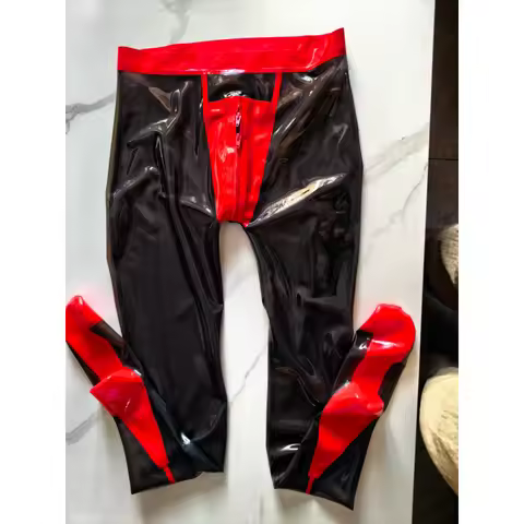 Men's latex pants feature a customizable front crotch with a three-dimensional color-block design