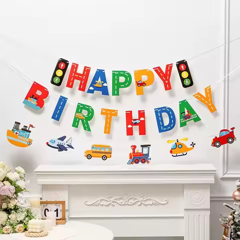Happy Birthday Banner Airplane Car Traffic Light Banner Cake Topper Baby Shower Birthday Decoration
