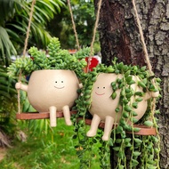 Hanging Swing Chair Flower Pot Smiley Face Flower Pot Indoor and Outdoor Plant Head Resin Flower Pot Pearl String Plant Live Gift Idea Mother's Day, Christmas