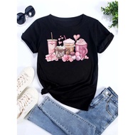 2025 gift for friends waffle shirt Women's T-shirt Korean Fashion Coffee Cup Printed Pattern Women's
