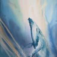 Whale in the ocean. Watercolor sea painting on paper