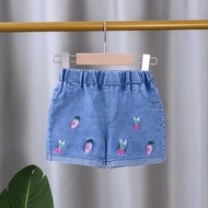 80-120cm Girls Summer Strawberry Embroidery Denim Shorts Soft Stretch Kids Jeans for 0-5 Yrs Old