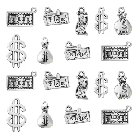 70Pcs 7 Styles Tibetan Money Charms Dollar Sign Money Bag 100 Dollars Bill Charms for Jewelry Making