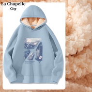 La Chapelle City拉夏贝尔羊羔绒卫衣女秋冬加绒加厚2023新款宽松连帽设计感外套女 加厚羊羔绒：雾霾蓝-涂鸦油彩 M
