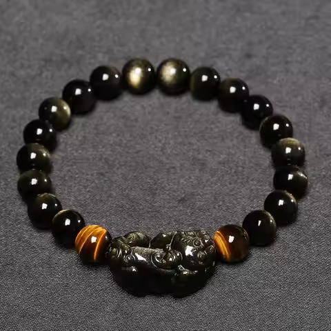 Natural Obsidian Bracelet Men Women Healing Gemstone Fine Jewelry Genuine Gold Obsidian Feng Shui Pi