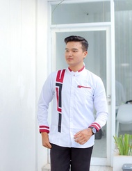 Baju Koko Pria Putih Motif Garis Garis Merah Keren Dan Berwibawa Katun Premium Motif Sinergi Putih
