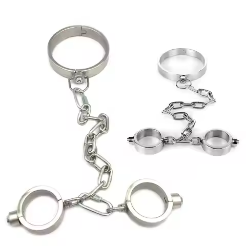 Stainless Steel Press Lock Wrist Handcuffs Ankle Cuffs Neck Collar Choker Shackles BDSM Restraint Ch
