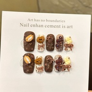 【5in1 Toolkit+HANDMADE】Press On Nails Cute Cartoon Baguette Afternoon Tea Childlike 3D Short Phototh