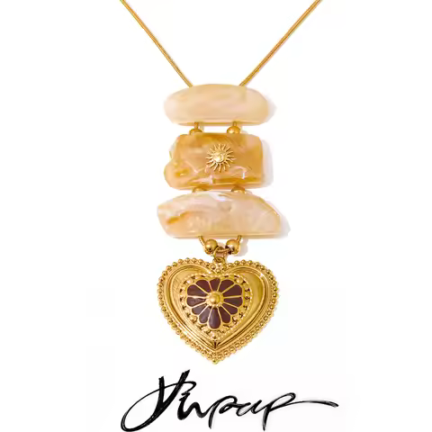 Yhpup Exclusive Resin Imitation Stone Rectangle Heart Pendant Necklace Stainless Steel Fashion State