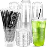 100 Pack 20 oz Clear Plastic Cups with Flat Lids and Straws, Disposable Iced Coffee To Go Cups, Plas