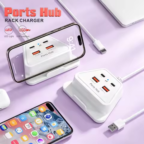 4 In 1 USB Charger Power Strip 2USB+2PD Phone Charger Desktop Charging Dock Station USB HUB Expansio