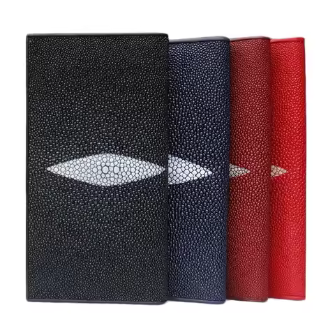 Authentic Real Stingray Skin Unisex Style Women Clutch Purse Genuine Exotic Leather Long Bifold Wall