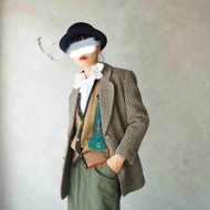 尋寶古著-Daks立體鬆餅格卡其毛料西裝外套