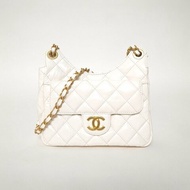 CHANEL 23C天貓精靈HOBO嬉皮包小號19白色牛皮晶片開金扣金幣單皮穿鏈肩背包