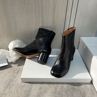 Tabi Split-Toe Shoes Leather High Heels Horse Hoof Boots Pig Foot Shoes Short Boots Wine Red Color S