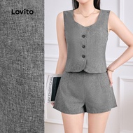 Lovito Elegant Shorts Sets Button Front Simple Commute Spring/summer Grey Shorts Sets for Women L137