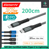 Elementz - Type C - Lightning (200cm) MFI NIC 黑色 雙重編織 Type C 至 Lightning IOS 充電傳輸線 電線 電源線 USB C 連接線