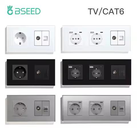 BSEED Double Wall Power Socket Plus TV/CAT6 Internet Data LAN Plugs Triple 2.1A Type-c USB Sockets G