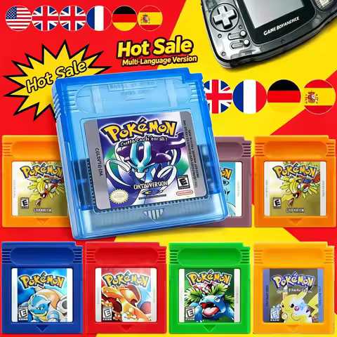 USA ESP FRA GBC Pokémon Cartridge Bundle Red/Blue/Crystal/Gold/Silver/Yellow/Green Multilingual Card