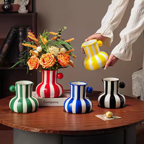Ceramic Stripes Vase Flower Arrangement Chinese Retro Decoration Porcelain Bottle Flower Vase Home D