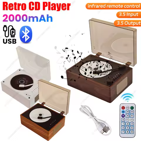 Retro CD Player Rechargeable Support CD BT USB 3.5mm AUX Home Music Player Bluetooth-Compatible 5.0 
