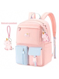 Mochila Escolar Para Niñas, Mochila Para Estudiantes, Mochila De Gran Capacidad Con Múltiples Bolsillos Y Ligera Para Uso Diario, Para Viajes Y Actividades Al Aire Libre, Diseño De Moda En Tonos Simples Con Colgante De Unicornio, Adecuada Para Adolescentes, Uso Escolar Y De Viajes.