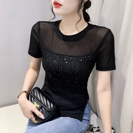 YIMEI Beautiful Sequin Womens T-shirt 2023 Summer New Elastic Ice Crystal Yarn Top Womens Slim Fit a