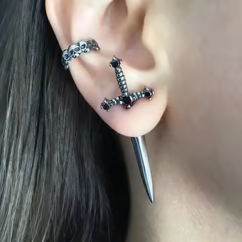 Removable Sword Earrings Cool Punk Dagger Earrings Front Back Earring Women's Retro Crystal Zircon D