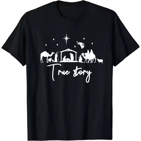 True Story Nativity Scene Christmas Graphic Tee Men Cotton Round Neck Short Sleeve T-Shirt