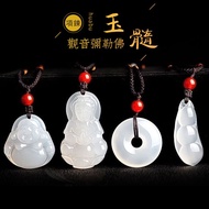 Jade Necklace Guanyin Buddha Necklace Pendant Amulet Necklace 开光观音弥勒佛平安扣项链吊坠 佛牌項鏈 天然白冰玛瑙四季福豆玉髓挂件项链吊饰