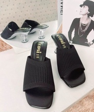 รองเท้าส้นแก้ว รองเท้าผู้หญิง แฟชั่น ส้นสูง 3 นิ้ว  BigSize  41-45  ไซส์ใหญ่ แบบผ้าไหมพรม ยืดตามเท้า