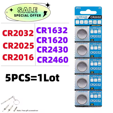 5PCS CR2032 Boutton Cell Battery CR2025 CR2016 CR2012 CR1632 CR1620 CR1216 3V Lithium Batteries for 
