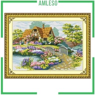 [Amleso] Stamped Cross Stitch with Pre-printed Cottage Pattern Needlework Craft