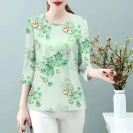 Áo Thun Nữ Ice Silk Seven Sleeve Slim Fit Mom Spring Autumn New Style Cover Belly Base Shirt round N