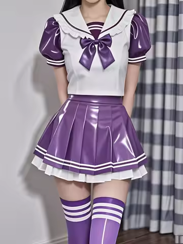 Latex Rubber Gummi Catsuit Fashion club purple&white Student uniforms dress Cosplay not stocking