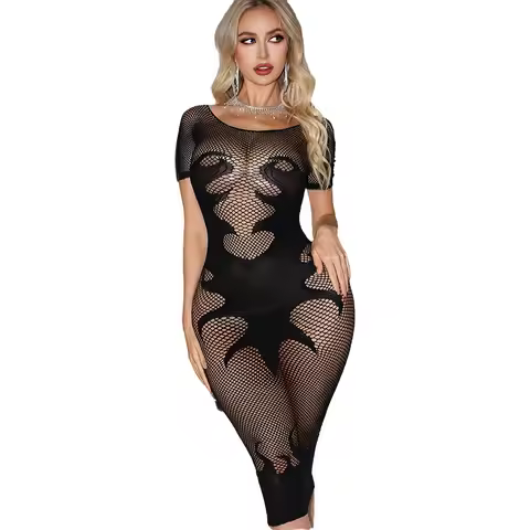 Bodycon Lingerie, Hollow-out Tight-fitting Seductive Women Fishnet Cutout Top Long Sleeve See Mesh P