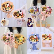 1Set Finished Hand Woven Bouquet Cute Dr. Bear Decor Flower Student Graduation Gift