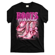 Retro Western Cowgirl Boots on da Ground Graphic T-Shirt - Black Cotton Tee with Pink Cowboy Boots &