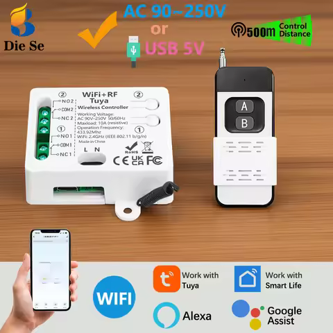 WiFi RF Garage door inching Switch AC 90~250V 2CH Relay 433MHz Wireless Remote Control 500m work wit