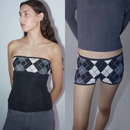 Paloma Wool Pau Glare Shorts Tube Crop Top Gray Argyle Diamond Jacquard Knit