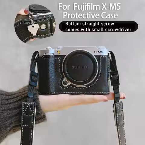 Retro PU Leather Camera Protective Case for Fujifilm X-M5 XM5 Half Body Base Shoulder Strap Dustproo