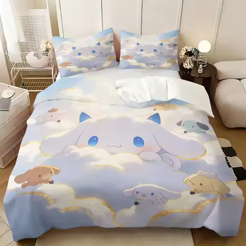 Kawaii Cinnamoroll Blue Cloud Bedding Set Sanrio Dreamy Sky Print Duvet Cover Set for Girls Anime Be