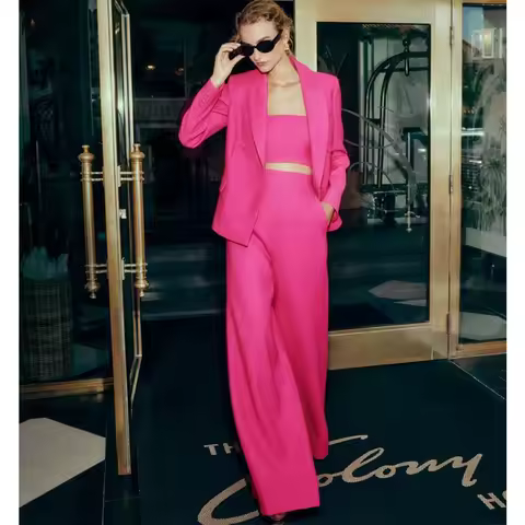 Tesco 3 Pieces Women Suit 2025 Fuchsia Peaked Lapel Blazer and Pants Set with Corset Fashionable Sui