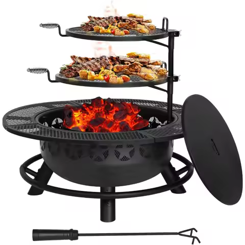 35 Inch Fire Pit with 2 Cooking Grates & Charcoal Pan, Steel Outdoor Wood Burning BBQ Grill with Cov