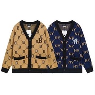 MLB開衫老花針織NY復古休閒寬鬆時尚V領情侶羊毛針織衫外套