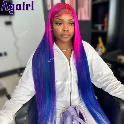 Ombre Rose Pink Blue 36 Inch Glueless 6X4 5X5 Lace Closure Wigs Bone Straight 13X6 HD Lace Frontal W